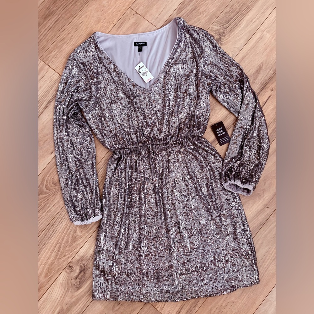 Express Silver Long Sleeve Sequin Dress
